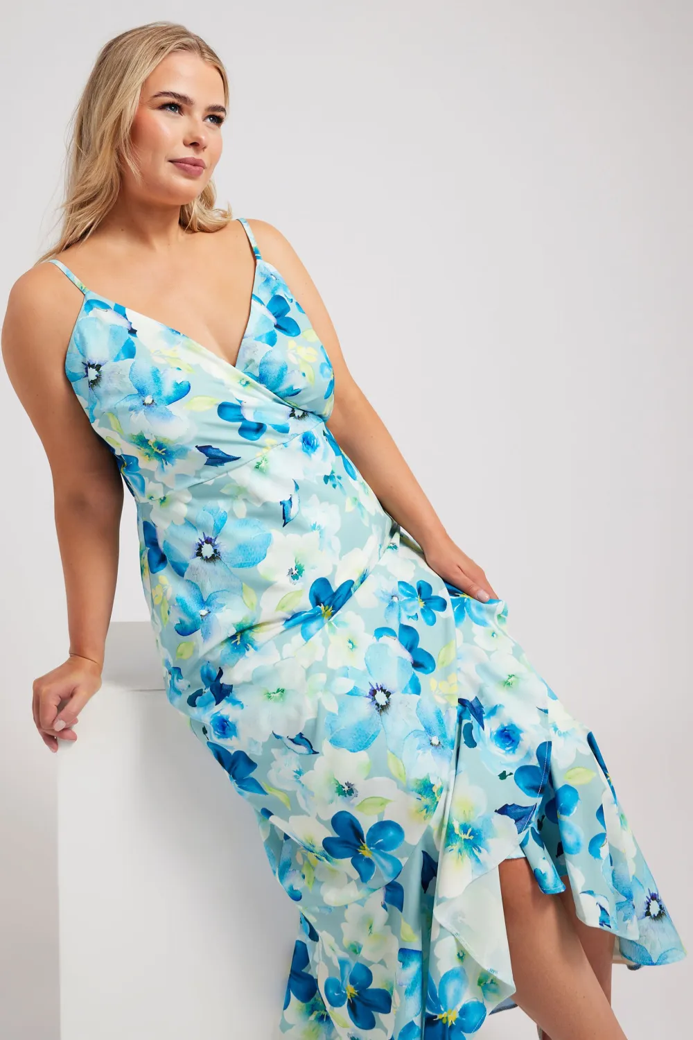 YOURS LONDON Curve Blue Floral Print Ruffle Wrap Dress