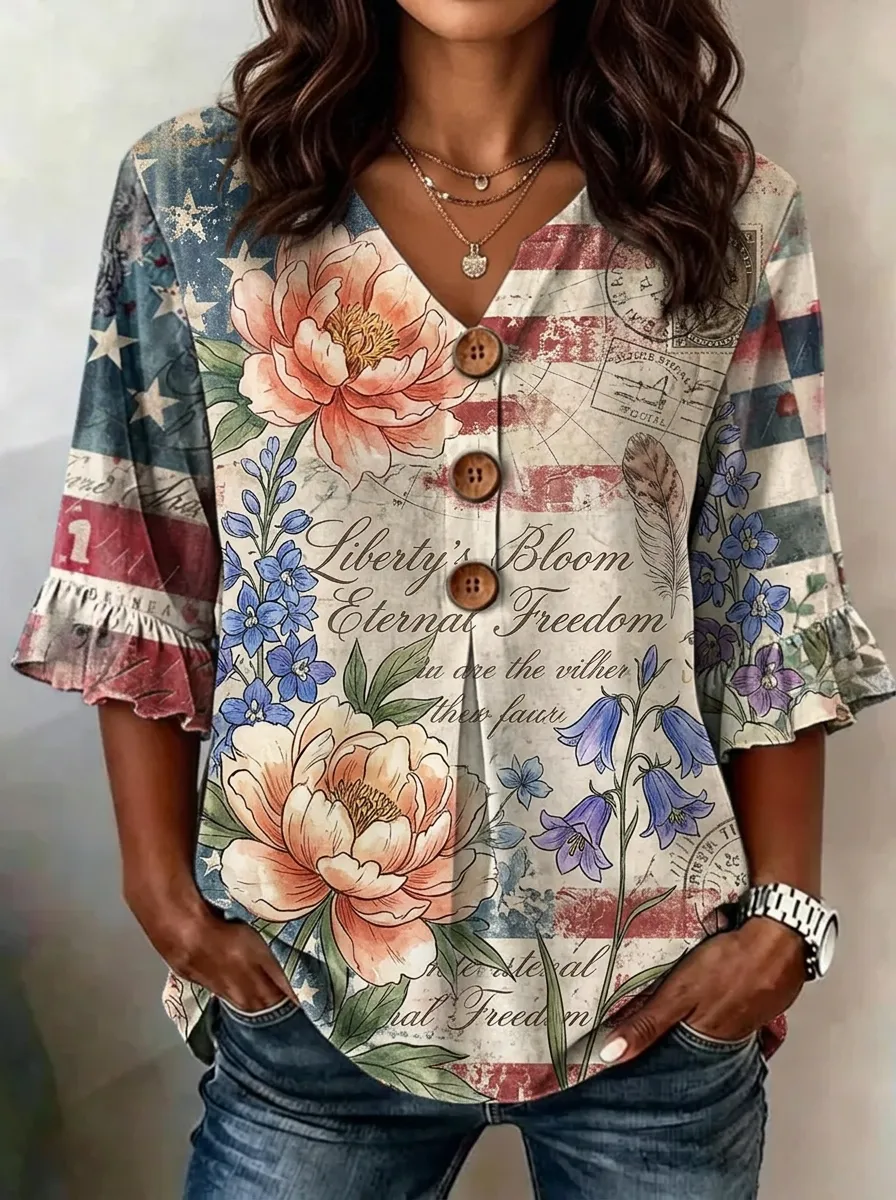 Women's Nashville Patriotic Floral Liberty Bloom Printed V-neck Top