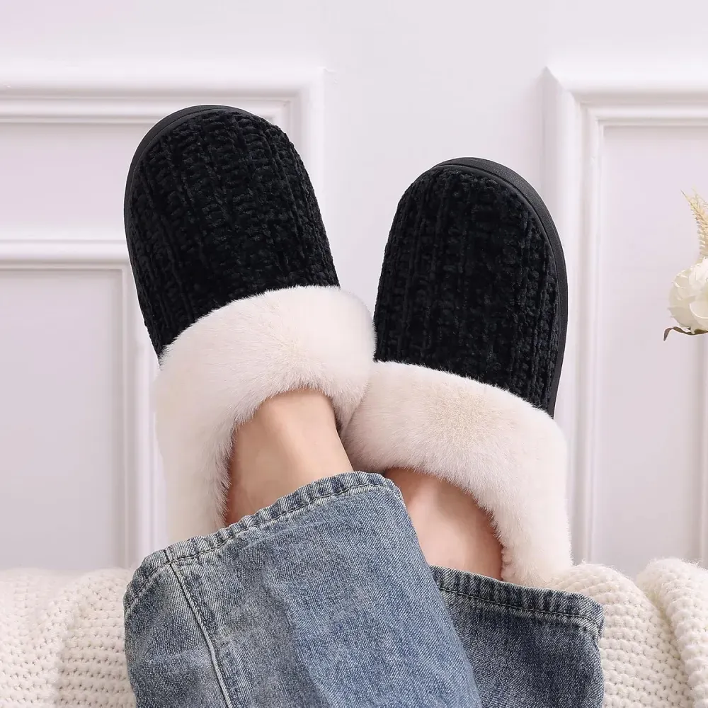Warm Knit House Slippers for Women Comfy Wool-Like Lined Chenille Slippers with Memory Foam and Indoor Outdoor Soles