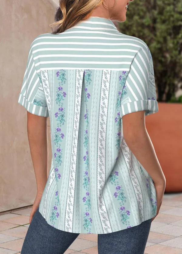 Green Pocket Striped Short Sleeve Shirt Collar Blouse