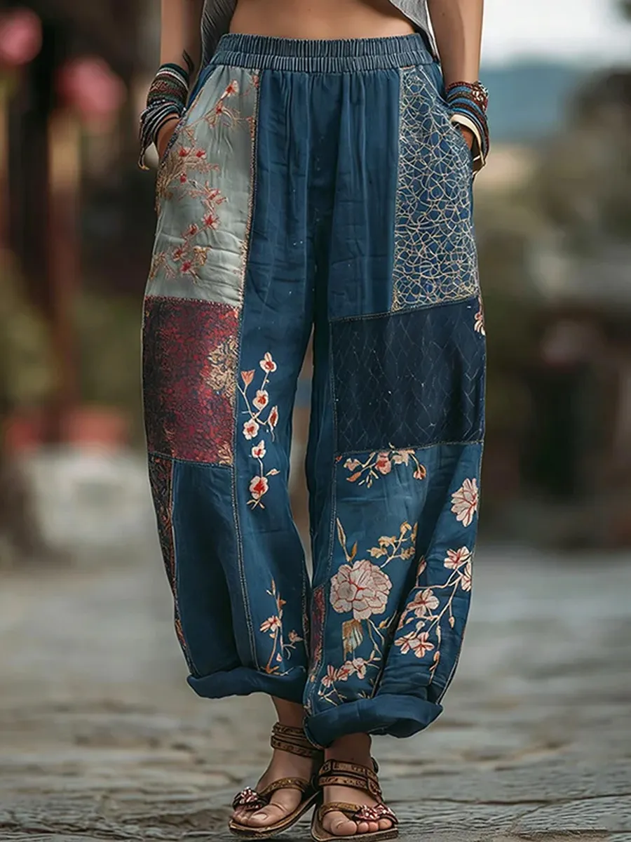 Women's Japanese Sashiko And Floral Pattern Linen Pants