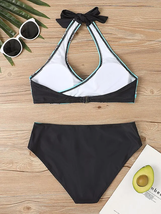 Women's Swimwear Bikini Plus Size Swimsuit 2 Piece Stripe Striped Black Burgundy Blue Lavender Purple Bandeau Bathing Suits Sports Push Up Summer