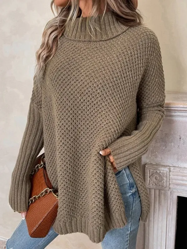 Turtleneck Drop Shoulder Split Hem Sweater
