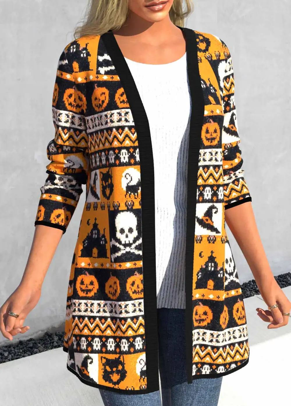 Orange Halloween Print Long Sleeve Cardigan