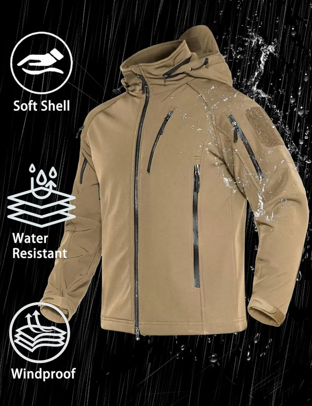 Men's Tactical Jacket 8 Pockets Water Resistant Jacket Softshell Fleece Lined Jacket Winter Coats Ski Jacket