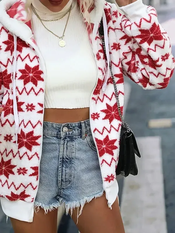 Women's Fleece Jacket Sherpa Jacket Teddy Coat Windproof Warm Christmas Street Daily Wear Vacation Zipper Pocket Print Zipper Hoodie Fashion Plush Modern Casual Snowflake Regular Fit Outerwear Long