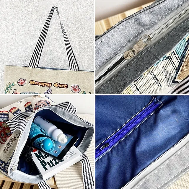 Women's Tote Shoulder Bag Canvas Tote Bag Oxford Cloth Shopping Daily Zipper Print Large Capacity Lightweight Durable Cat Flower Folk Butterfly Unicorn Black cat