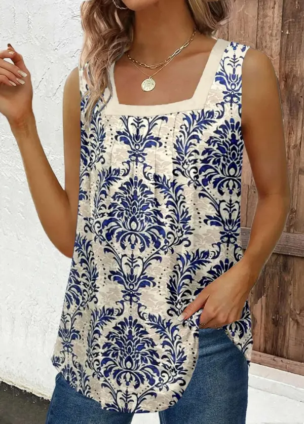 Navy Button Tribal Print Sleeveless Square Neck Tank Top