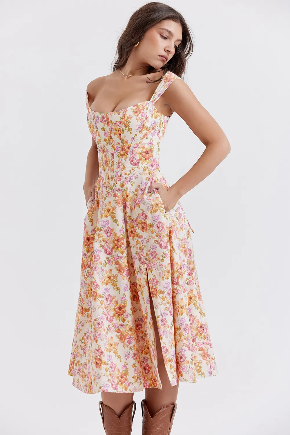 FLORAL LACE-UP CORSET A-LINE SUN DRESS