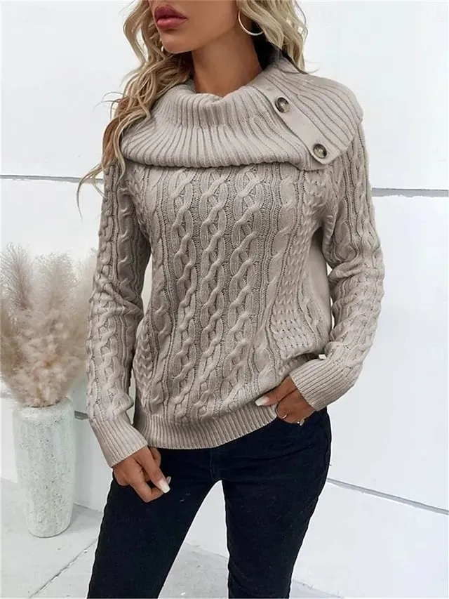 Women's Sweater Pullover Sweater Jumper Casual Soft Pure Color Ribbed Turtleneck Buttons Knitted Long Sleeve Regular Tops Knit Outdoor Daily Weekend Wine Khaki Fall Winter