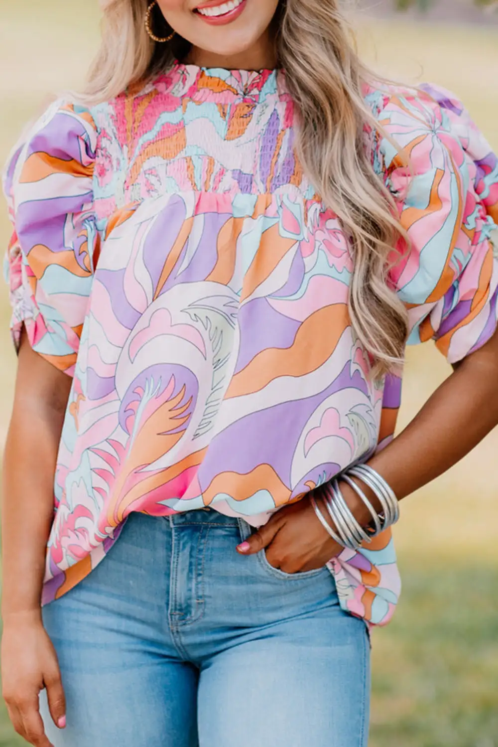 Everyday Abstract Print Smocked Puff Sleeve Blouse
