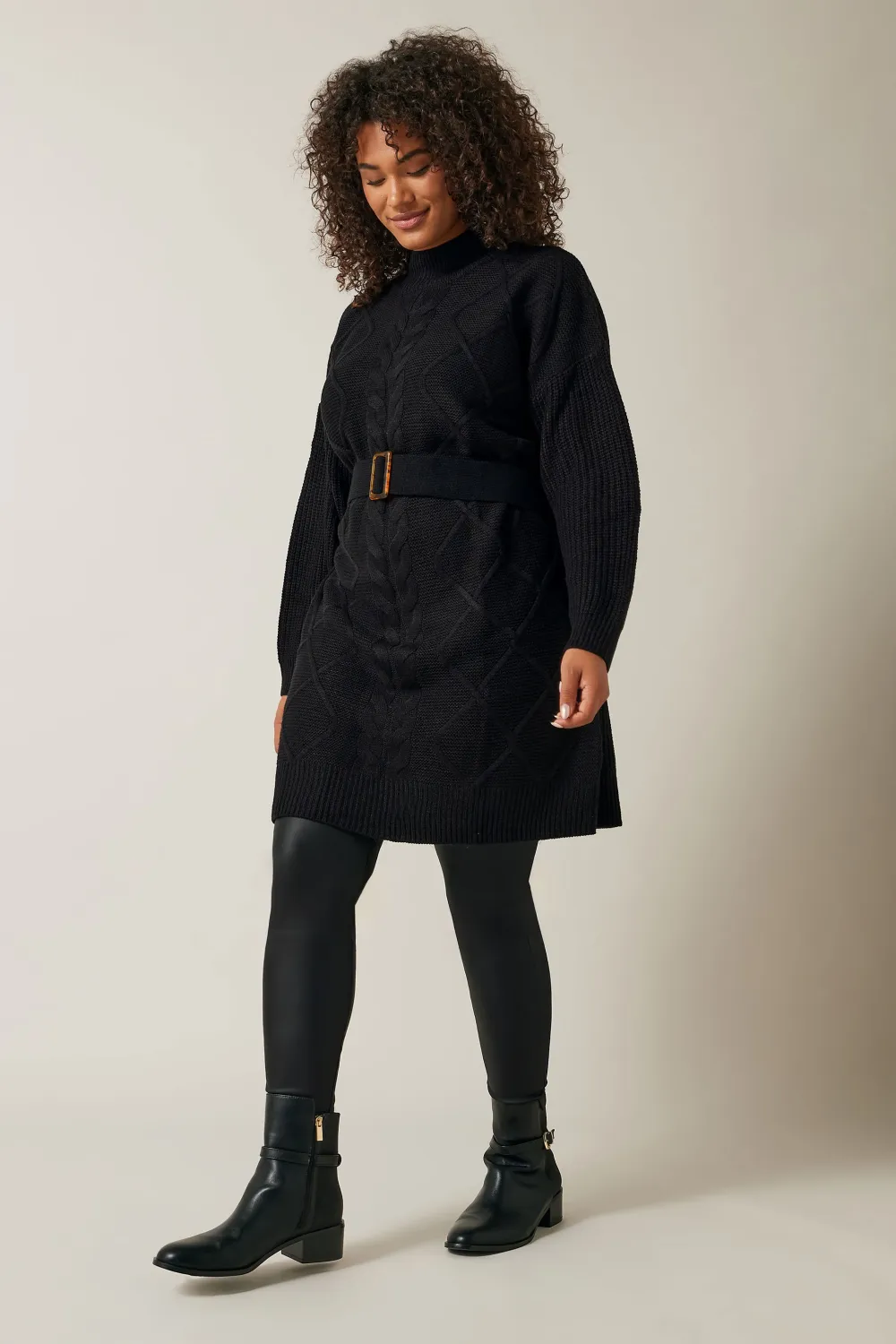 Evans Black High Neck Cable Knit Longline Jumper