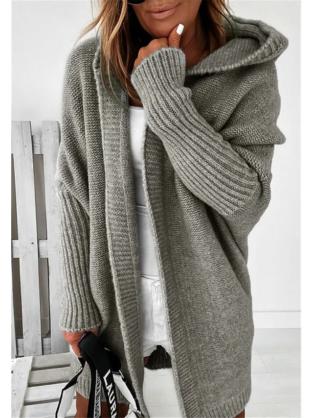 Women's Cardigan Hooded Solid Color Stylish Basic Casual Long Sleeve Loose Sweater Cardigans Hooded Open Front Fall Winter Denim Purple / Holiday / Going out