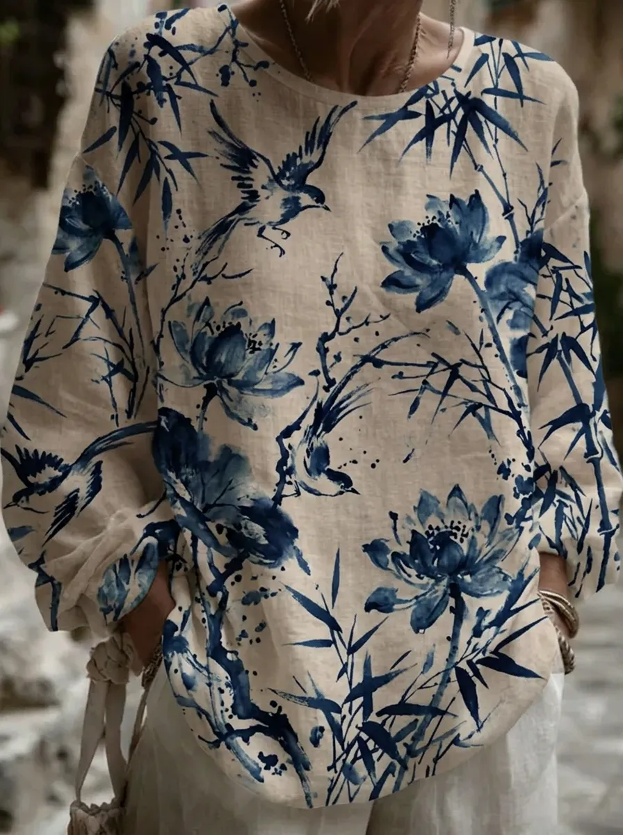 Women's Nashville Floral Bird Bamboo Printed Linen Top
