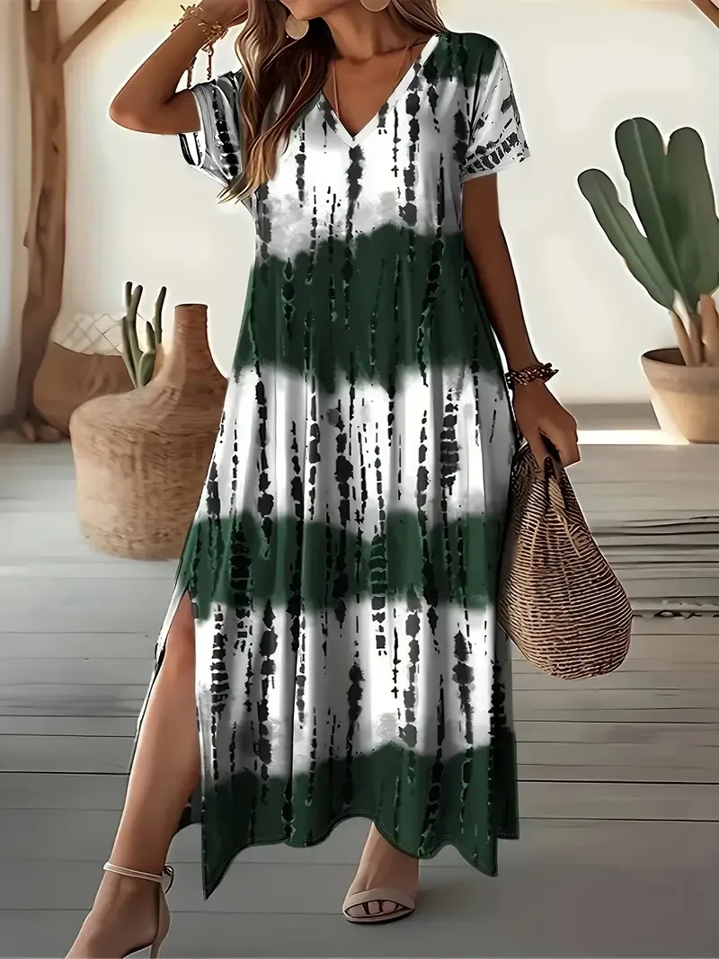 Plus Size Tie Dye Split Dress - Casual Short Sleeve V Neck Dress For Spring & Summer - Women's Plus Size Clothing - For Women Seeking Trendy & Comfortable Summer Outfits - Perfect Gift for Birthday & Vacation