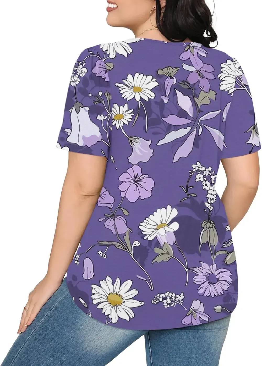 Womens Summer Pleated Front Shirts Tunics Casual Short Sleeved Loose Round Neck Boho Printed Tops Vacation Blouse