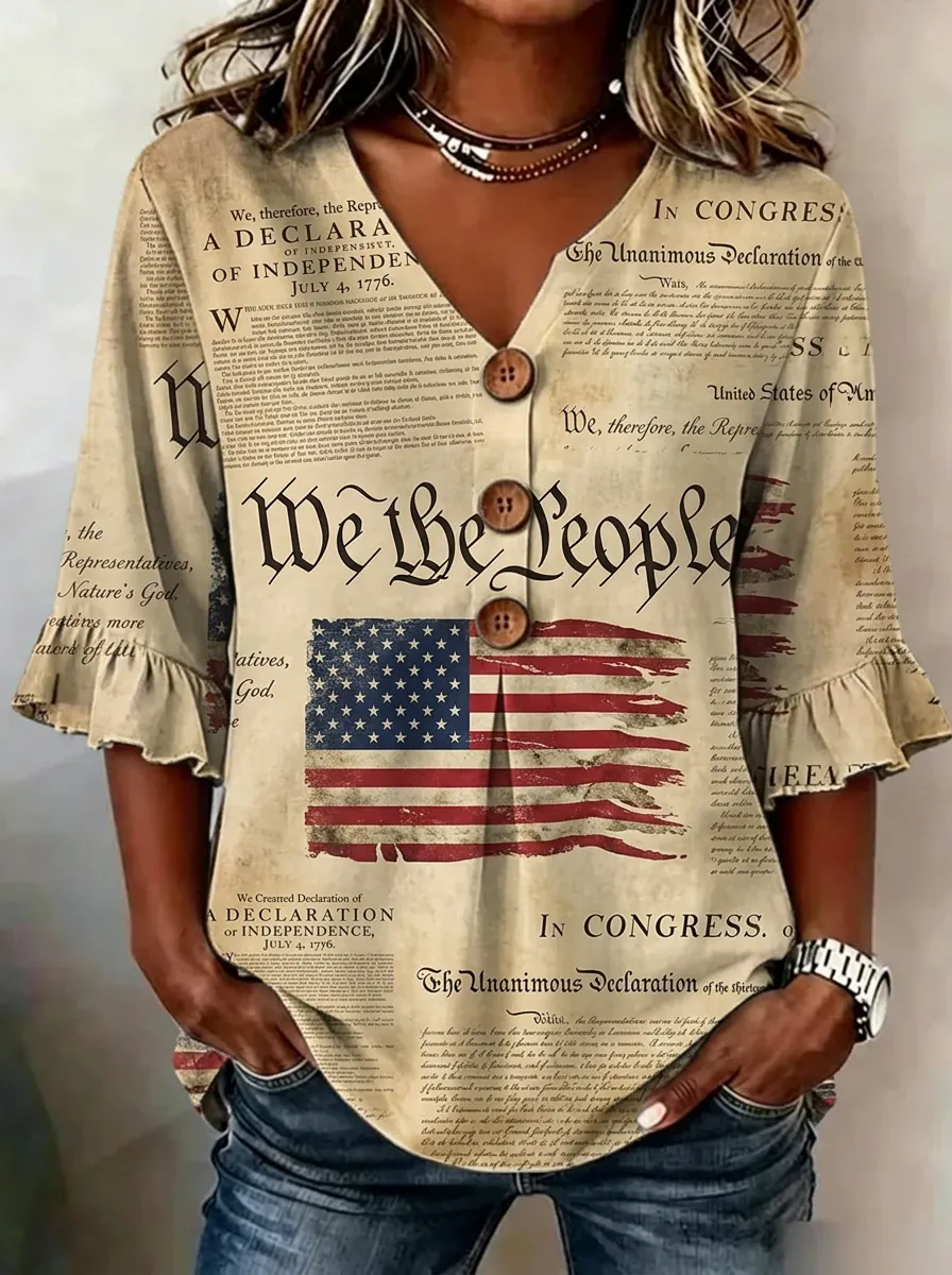 Women's USA Patriotic Declaration Printed V-neck button top