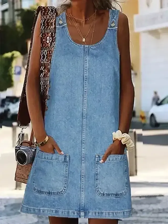 Women's Casual Dress Shift Dress Denim Overall Pinafore Dress Mini Dress Denim Fashion Modern Outdoor Daily Vacation U Neck Pocket Sleeveless Summer Spring 2023 Regular Fit Black Blue Gray Plain S M
