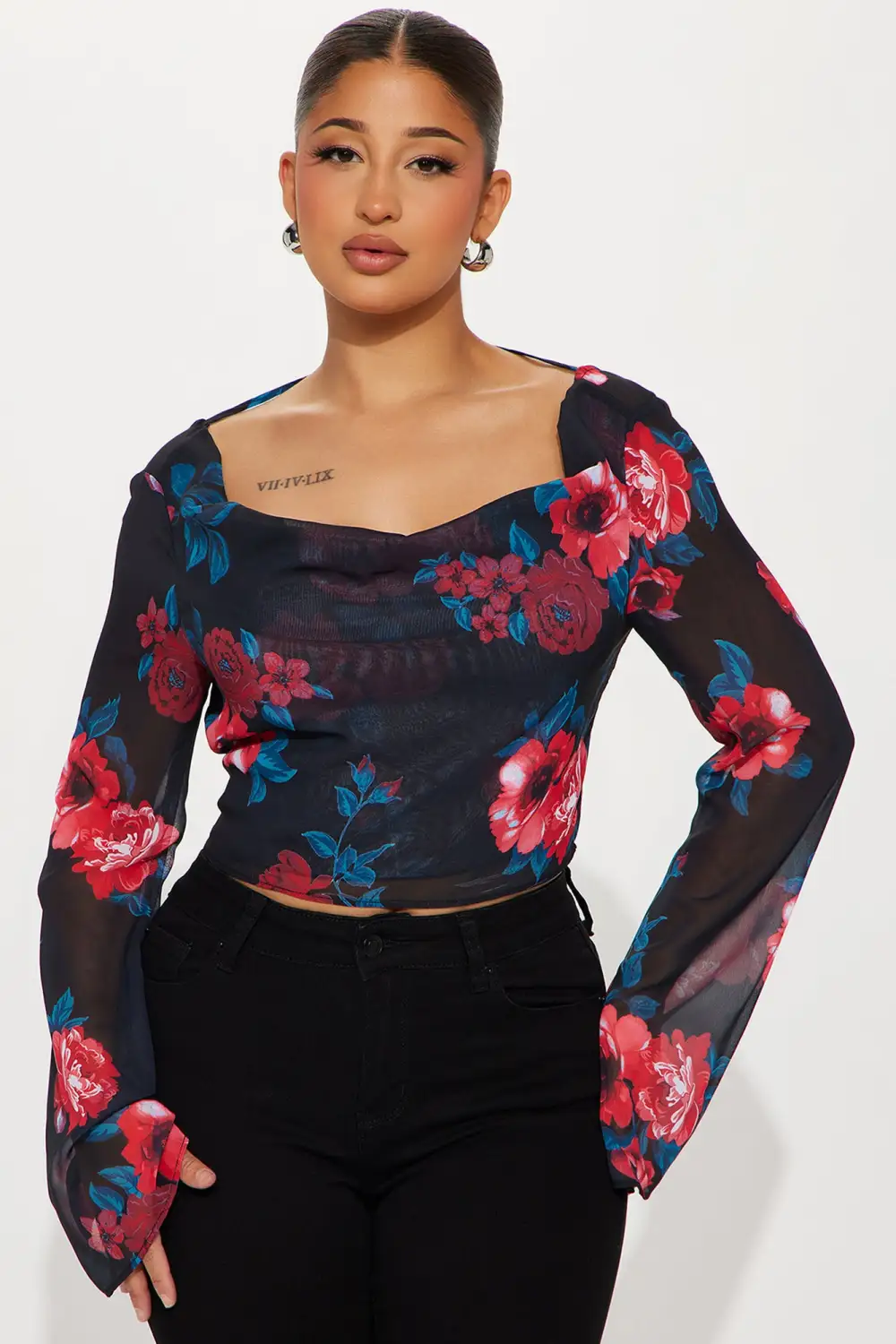 Laina Floral Blouse Top - Black/Red