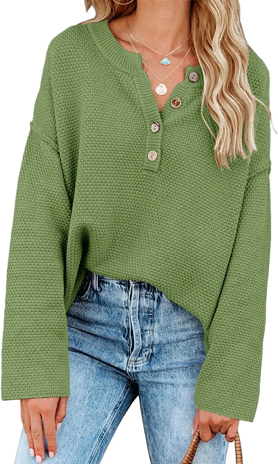 Women's Oversized Sweaters Batwing Long Sleeve Loose V Neck Button Henley Tops Pullover Knit Jumper