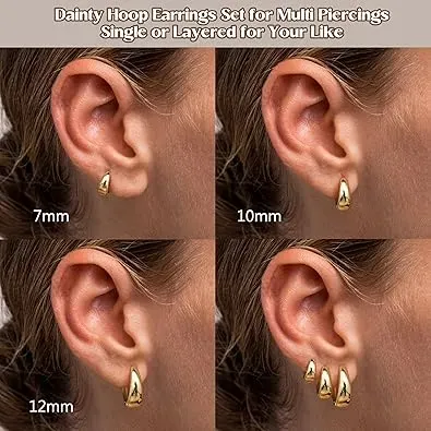 3Pairs Gold Hoop Earrings Set for Women Chunky Gold Silver Hoop Earrings 14K Gold Filled Hypoallergenic Small Huggie Hoop Earrings Tiny Gold Trendy Thick Hoop Earrings Stacks for Multiple Piercing