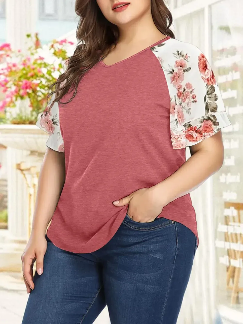 HDLTE Womens Plus Size Tops Floral Bell Sleeves Blouses Summer Crewneck Tunic Loose Casual T Shirts