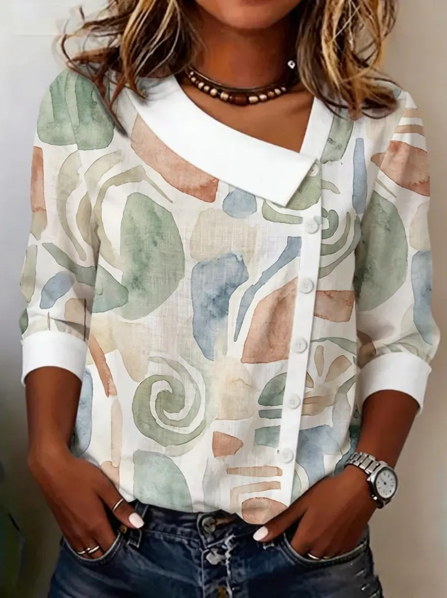 Women's Nashville Abstract Watercolor Printed Asymmetric Button Top