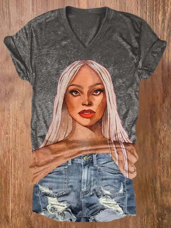 V Neck Retro Country Western Music Print T-Shirt