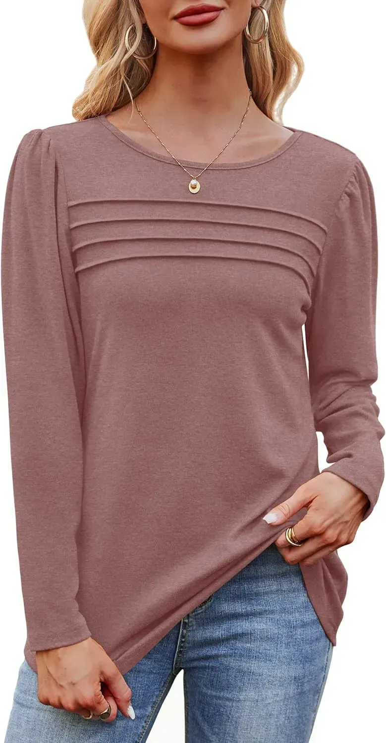 OFEEFAN Long Sleeve Shirts for Women Fall Fashion 2024 Dressy Casual Blouses Trendy Pleated Tunic Tops for Leggings