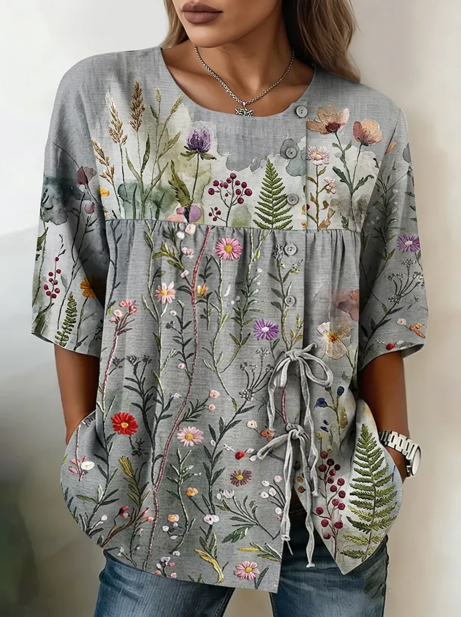 Women's Nashville Botanical Wildflower Printed Button-up Top