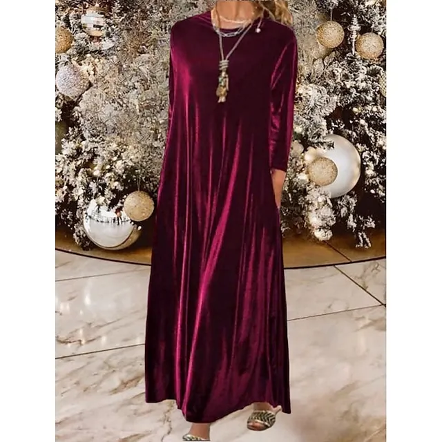 Women‘s Velvet Dress Shift Dress Caftan Dress Long Dress Maxi Dress Green Black Purple Long Sleeve Pure Color Pocket Winter Fall Spring Crew Neck Mature Winter Dress Daily Vacation 2023