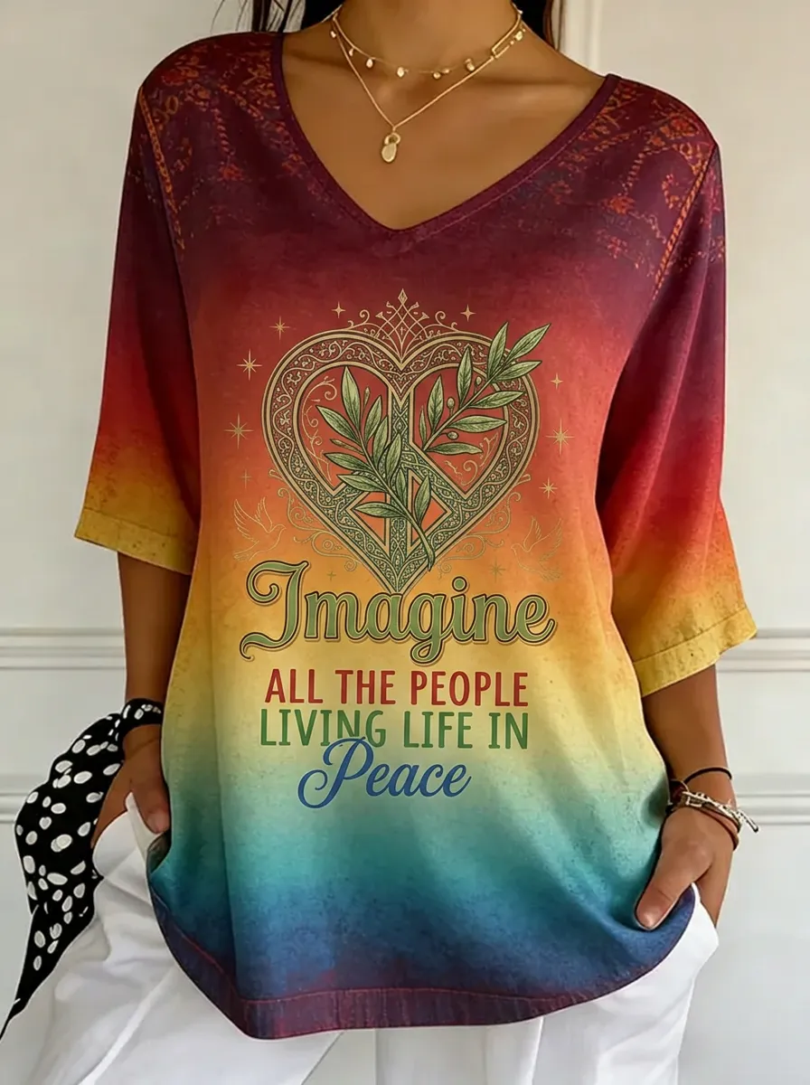 Women's Nashville Peace Heart Imagine Quote Printed V-neck T-shirt
