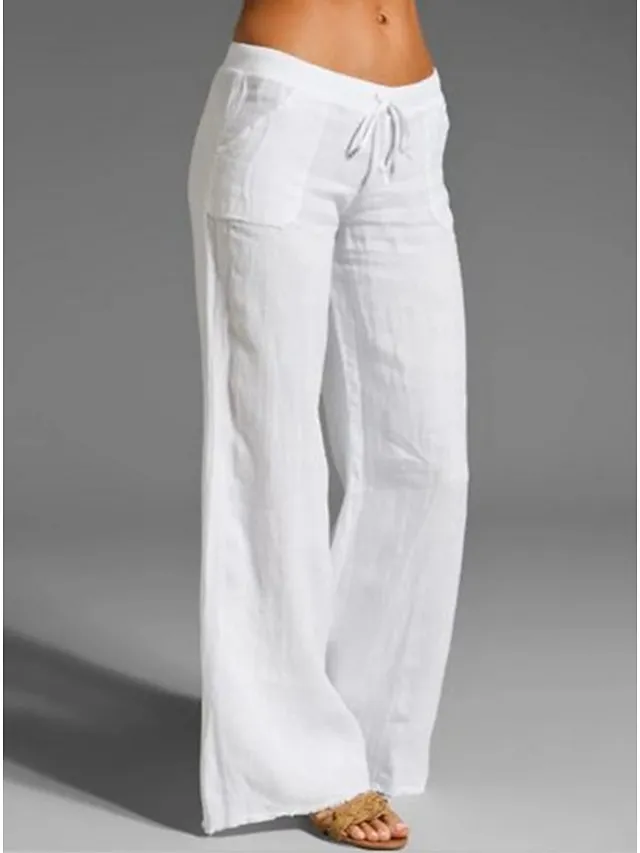 Women's Bootcut Culottes Wide Leg Chinos Cotton Faux Linen Solid Colored Baggy Mid Waist Lightweight Basic Wedding Daily Black White S M Spring &  Fall