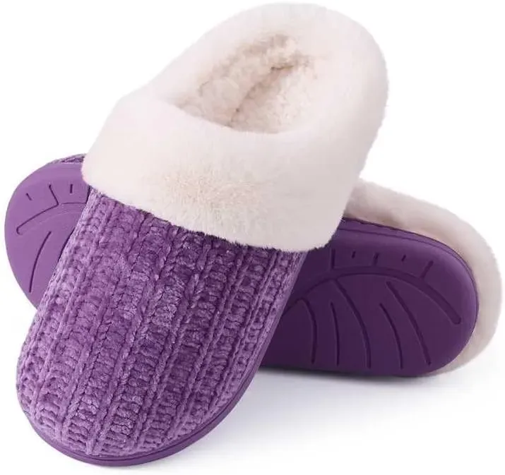 Warm Knit House Slippers for Women Comfy Wool-Like Lined Chenille Slippers with Memory Foam and Indoor Outdoor Soles