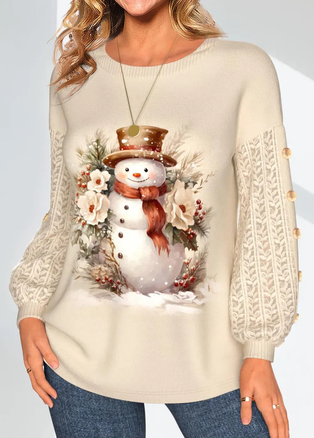 Christmas Lace Snowman Print Long Sleeve Round Neck Sweatshirt