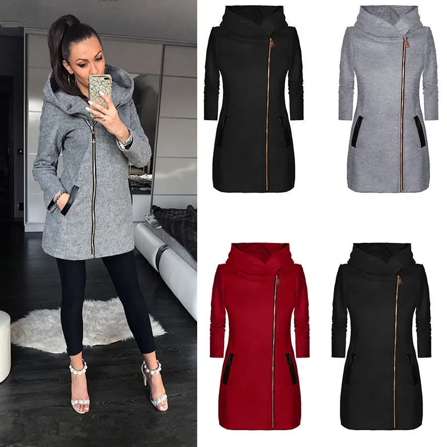 Side zipper decor high neck hooded jacket