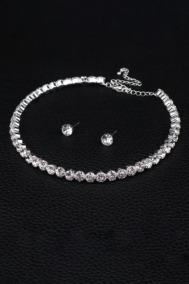 Shinning Rhinestone Necklace Bracelet Stud Earrings Three-Piece Set-Silver