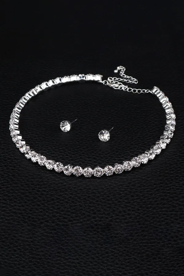 Shinning Rhinestone Necklace Bracelet Stud Earrings Three-Piece Set-Silver