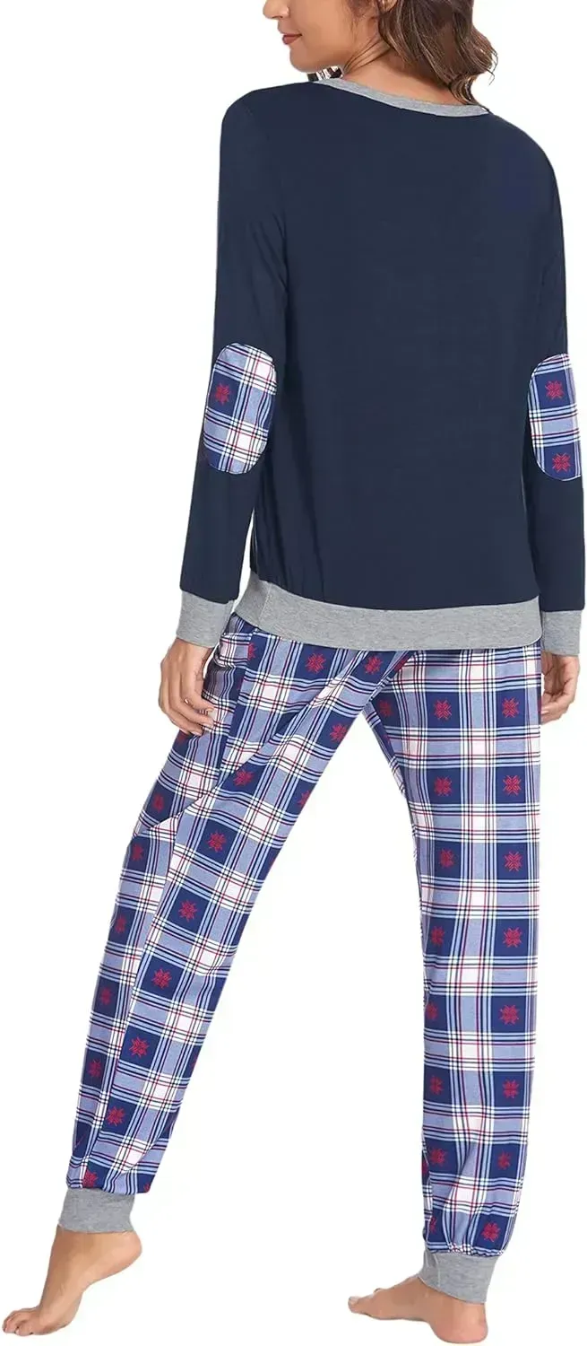 Women's Pajamas Sets Long Sleeve with Plaid Pants Soft Sleepwear O Neck 2 Piece Pjs Joggers Loung Set with Pockets