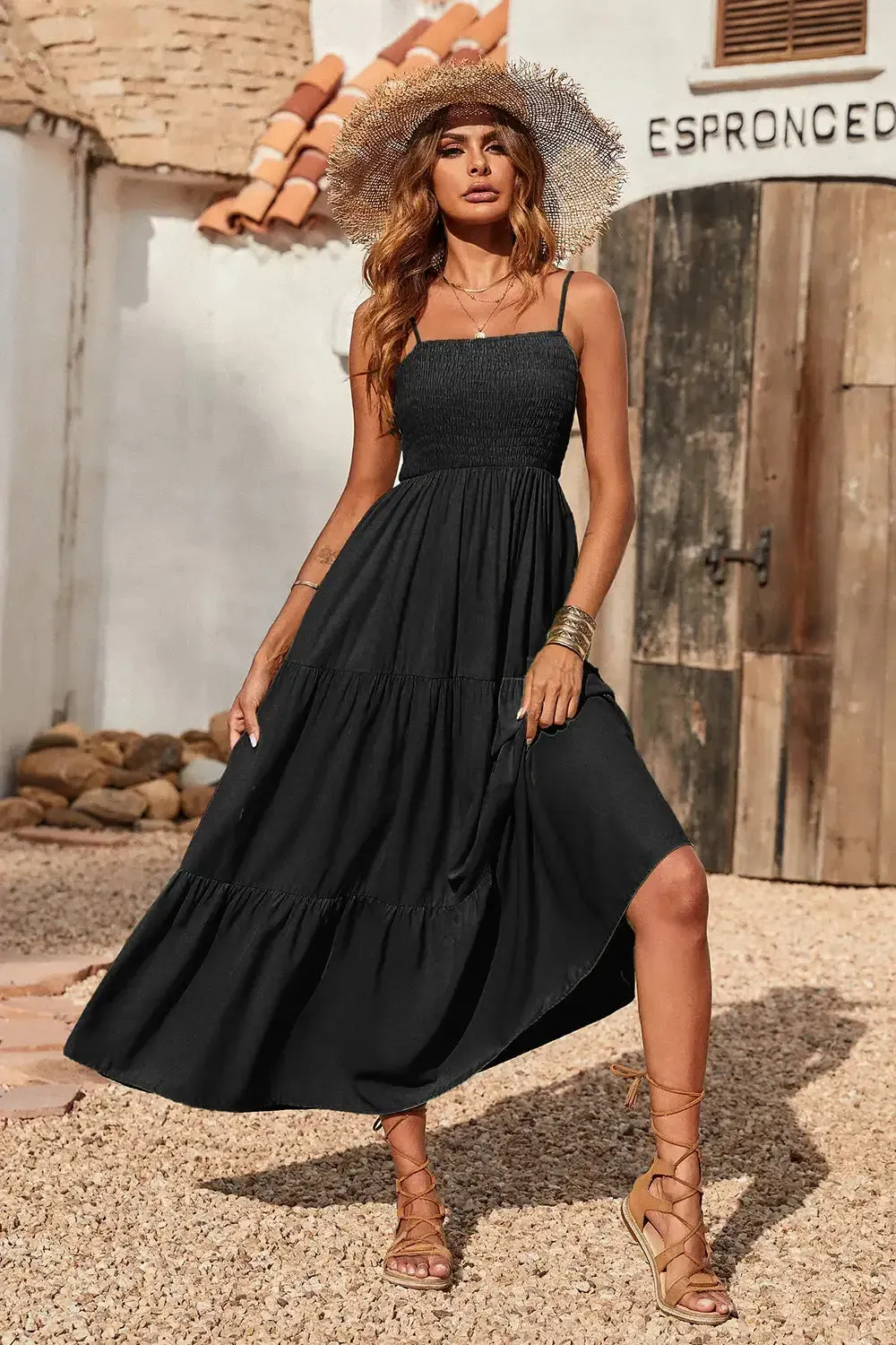 Sleeveless Spaghetti Strap Smocked Tiered Maxi Dress