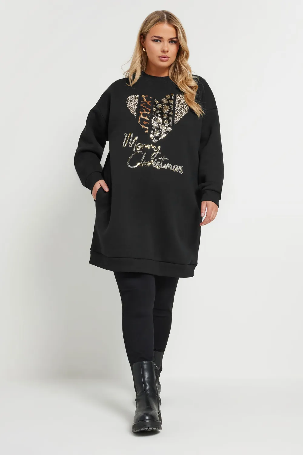 YOURS Curve Black 'Merry Christmas' Heart Embellished Sweatshirt Dress