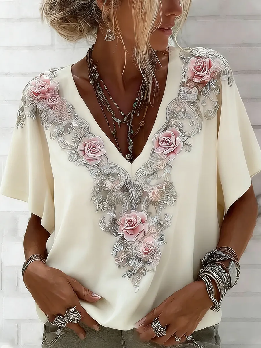Women's Pink Rose Art Printed V-neck Short Sleeve Linen Blended T-shirt