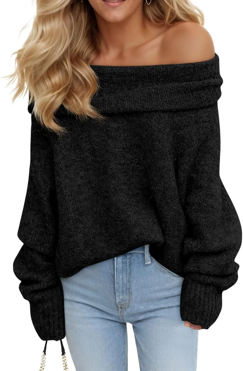 🎄Hot Sale Off The Shoulder Sweaters Long Sleeve Slouchy Knitted Casual Loose Fall Trendy Pullover Tops