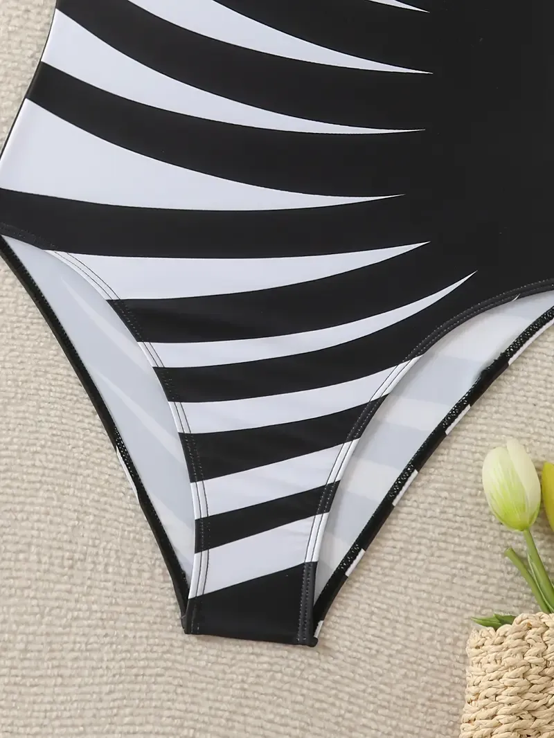 Elegant One-Shoulder Striped Polyester Bodysuit Swimsuit, High Stretch Knit Fabric, with Removable Padding, Asymmetrical Design, Elastane Lined