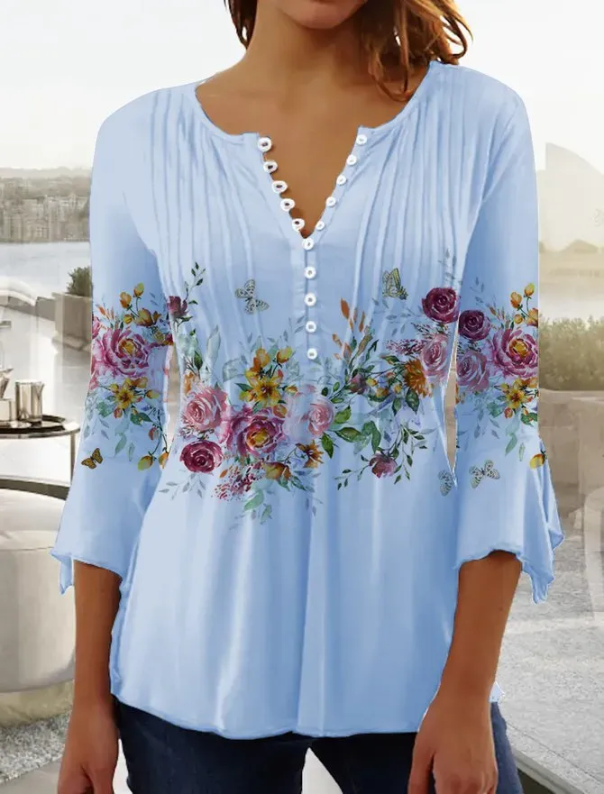 Women 3/4 Sleeve V-neck Floral Printed Tops