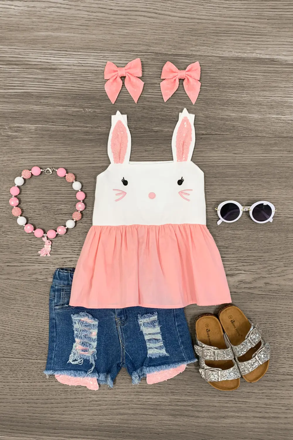 Pink Sequin Bunny Tank Denim Short Set