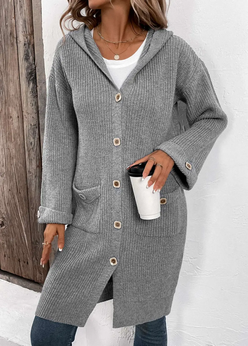 Grey Button Long Sleeve V Neck Cardigan