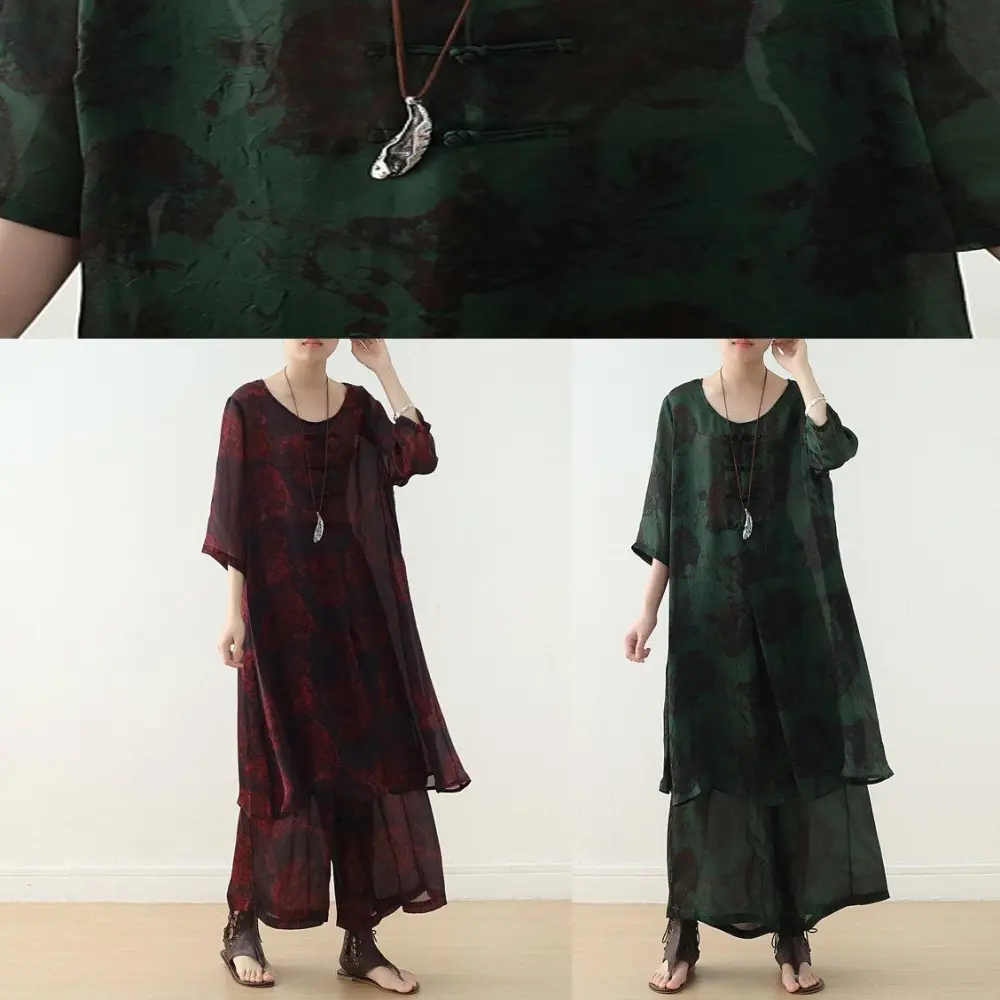 Summer green Chinese Button Print o Neck Silk Satin Top Wide Leg Pants Two Piece