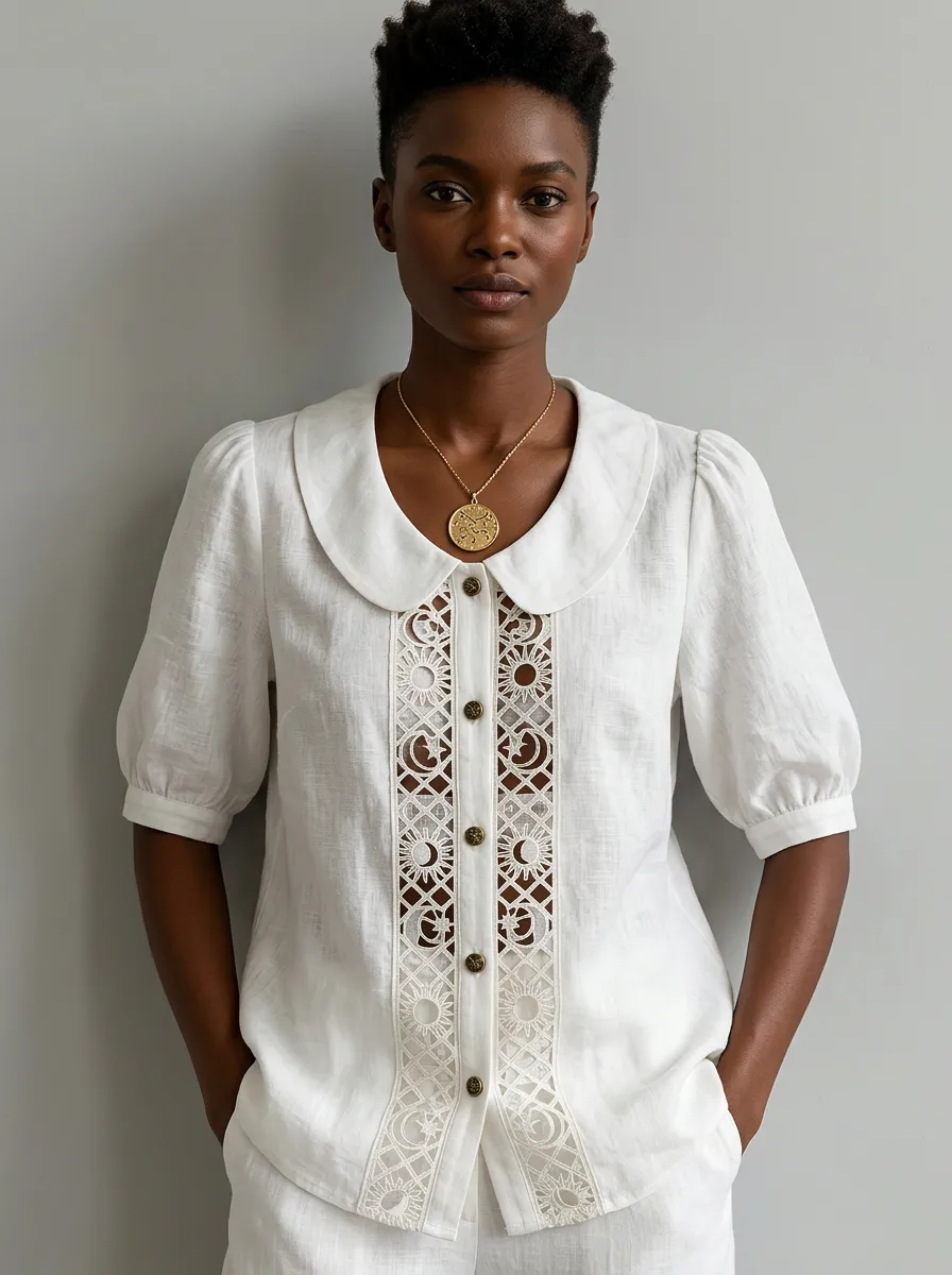 Women's Nashville Music City Sun Moon Lace Embroidered Button-up Shirt