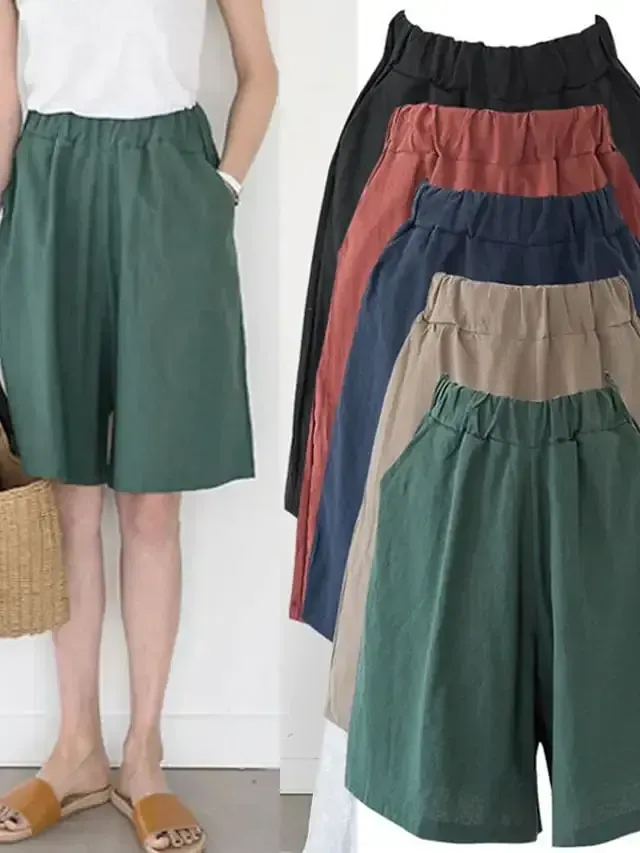 Women's Wide Leg Shorts Burmuda Shorts Linen Black Red Navy Blue Fashion Casual Daily Side Pockets Wide Leg Knee Length Comfort Solid Color M L XL 2XL 3XL